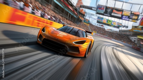 high-speed racing car zooming down a track, with blurred lines showing its incredible speed.