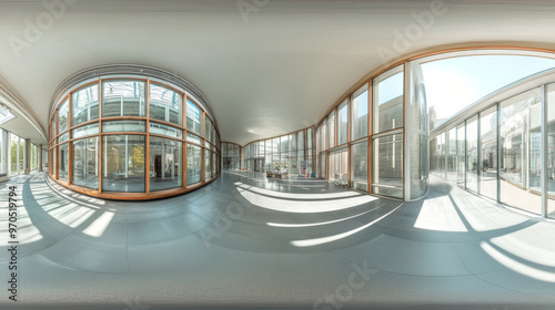 Fototapeta Naklejka Na Ścianę i Meble -  A high-quality 3D image showing the inside of a modern, industrial building. The image includes a full view (360 degrees) of the building's interior, with lots of glass and concrete.