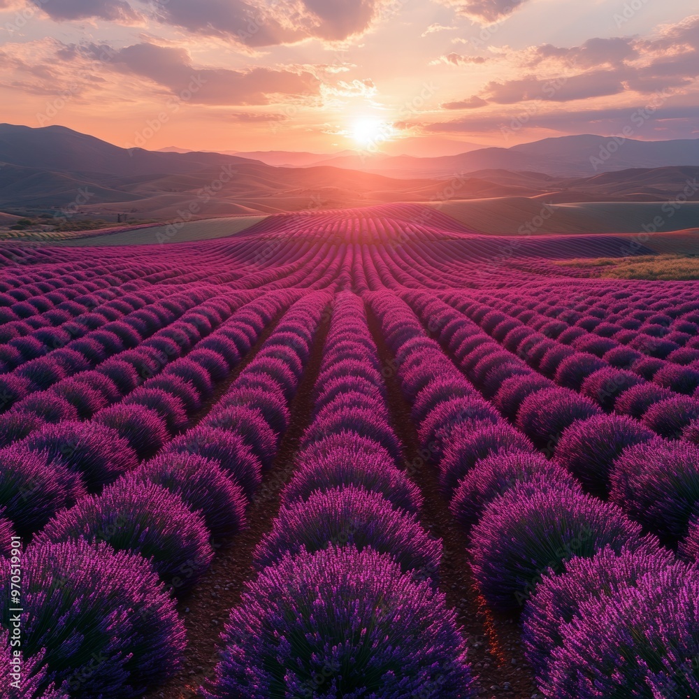 Fototapeta premium Lavender Fields at Sunset with Sun Rays Through Clouds