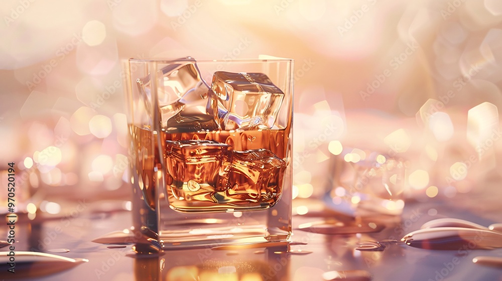 custom made wallpaper toronto digital84. Whiskey with ice cubes in a glass, set against a light-filled background. The amber tones of the whiskey and the clarity of the ice cubes are depicted with realistic detail, enhancing the