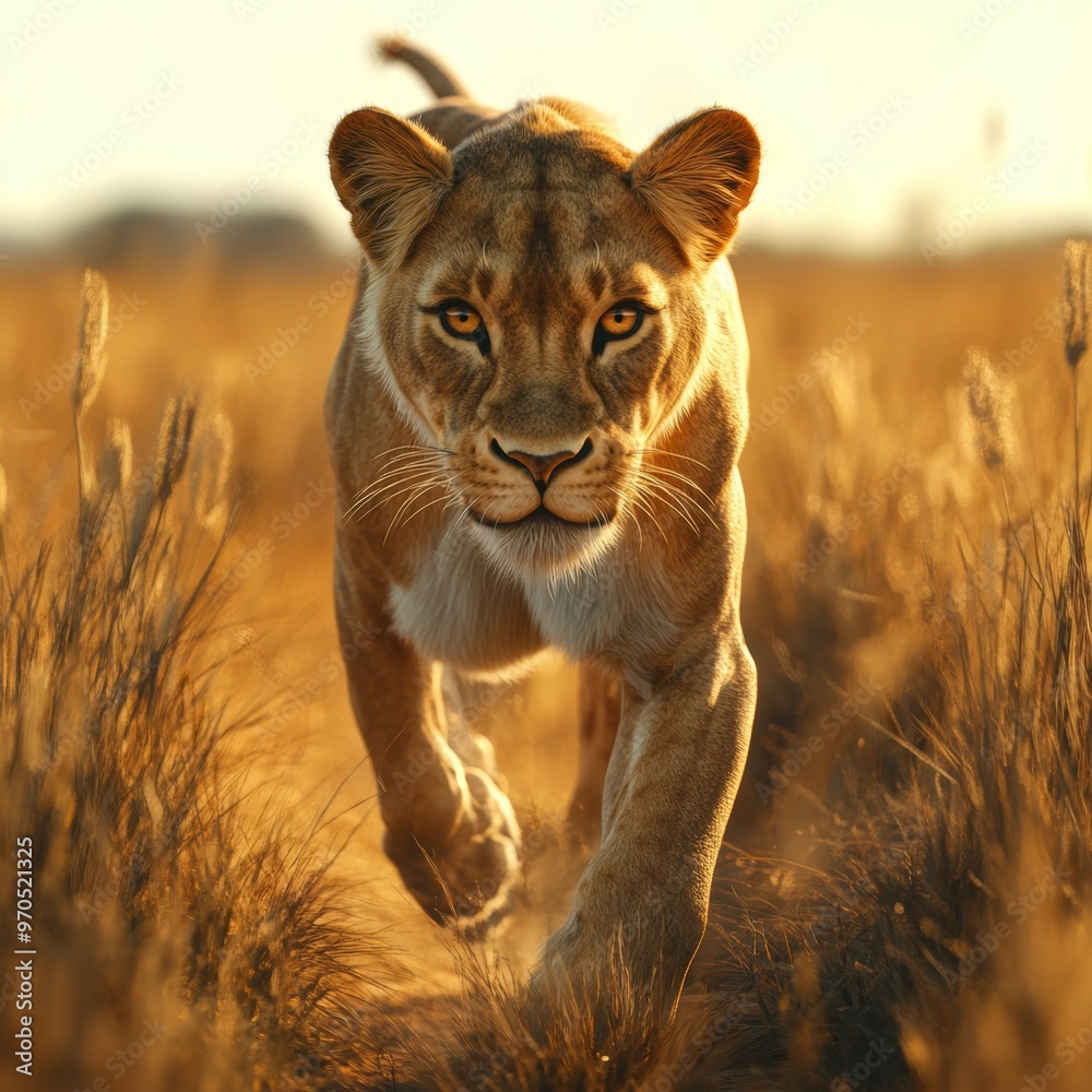 Lioness Walking Through Tall Grass at Sunset Lioness Walking Through Tall Grass at Sunset