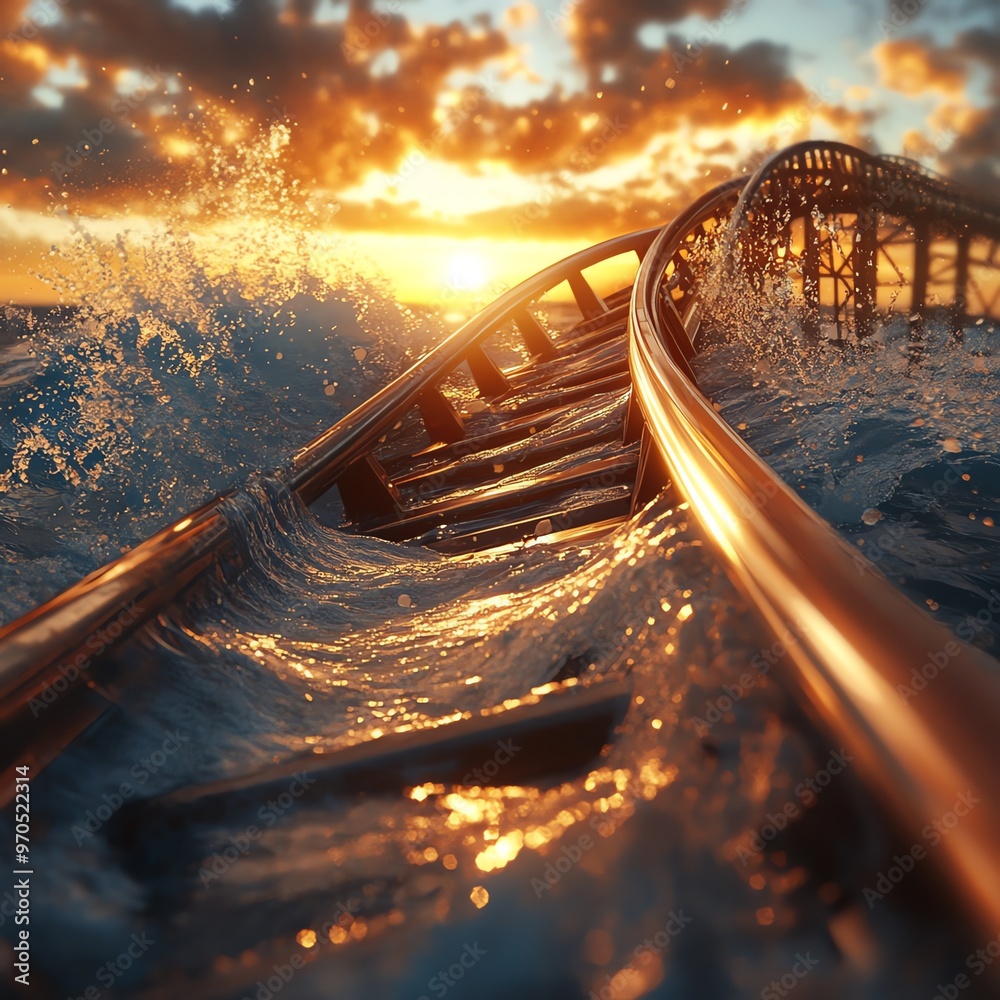 Obraz premium A surreal roller coaster track disappearing into the ocean waves at sunset, creating a mystical and adventurous scene.