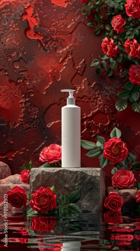 Elegant white bottle surrounded by vibrant red roses on a textured backdrop, ideal for beauty or skincare product promotion. photo