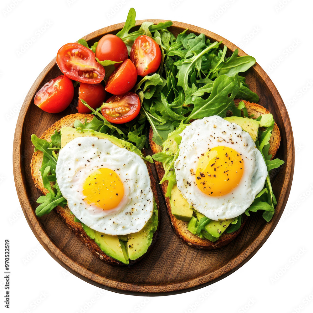 A wooden plate featuring avocado toast topped with fried eggs and cherry tomatoes. A wooden plate featuring avocado toast topped with fried eggs and cherry tomatoes.