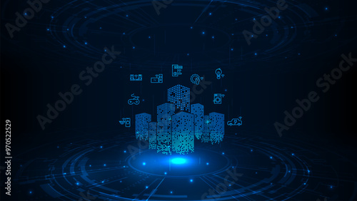 Technology internet of things smart city online network concept. Digital hud technology adstract with concept big data. Blue light futuristic background.