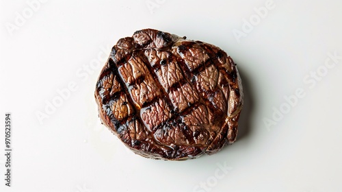 119. Freshly grilled beef entrecote steak from above, displaying distinct grill marks and a juicy, tender look. The white background enhances the steak rich colors and textures, making it the focal