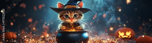 Adorable kitten in witch hat sitting in cauldron with Halloween pumpkins and magical glow, perfect for festive holiday imagery.