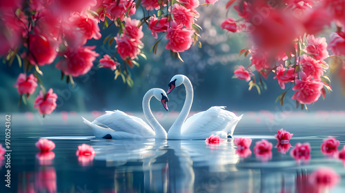 Two white swans couple swimming in lake, fantasy magical enchanted fairy tale landscape with elegant birds in love, fairytale blooming pink rose flower garden on mysterious blue background  photo