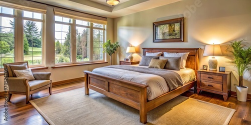 Cozy bedroom with wooden furniture and natural light in a serene setting