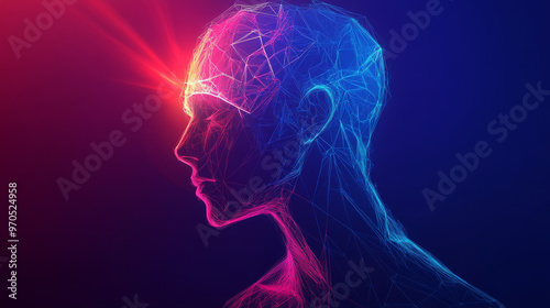 A person with a broken head, represented by lines and angles, is shown thinking. This image is meant to represent the idea of thinking and problem-solving.low poly vector illustration.