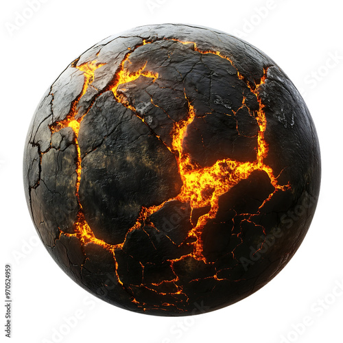 Fototapeta Naklejka Na Ścianę i Meble -  a planet with a cracked surface and glowing magma visible through the fissures, isolated on white background.