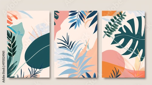 139. Vector illustration of summer backgrounds with tropical palm leaves, designed in a modern abstract style. The covers set includes minimal, trendy designs, ideal for jungle and beach themed