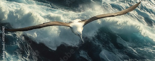 An albatross gracefully soars above the turbulent ocean waves, showcasing its impressive wingspan and majestic presence.