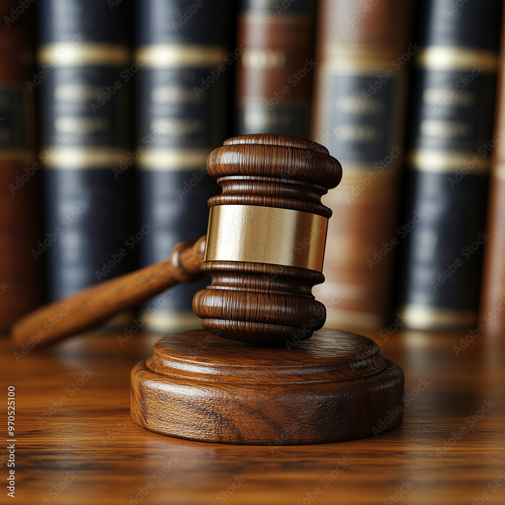 A wooden gavel sitting on top of books in front of a background A wooden gavel sitting on top of books in front of a background