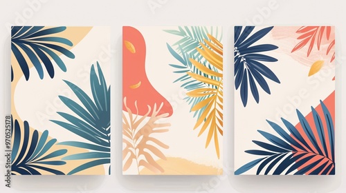 Wallpaper Mural 142. Set of bright, modern abstract summer backgrounds with tropical palm leaves. Each cover is creatively designed with minimal, trendy elements, perfect for jungle and beach themes Torontodigital.ca