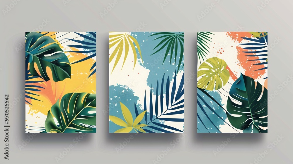 Obraz premium 145. Bright, trendy minimal summer backgrounds with tropical palm leaves, designed in a modern abstract style. The creative covers set includes jungle and beach themes, with vivid colors and stylish