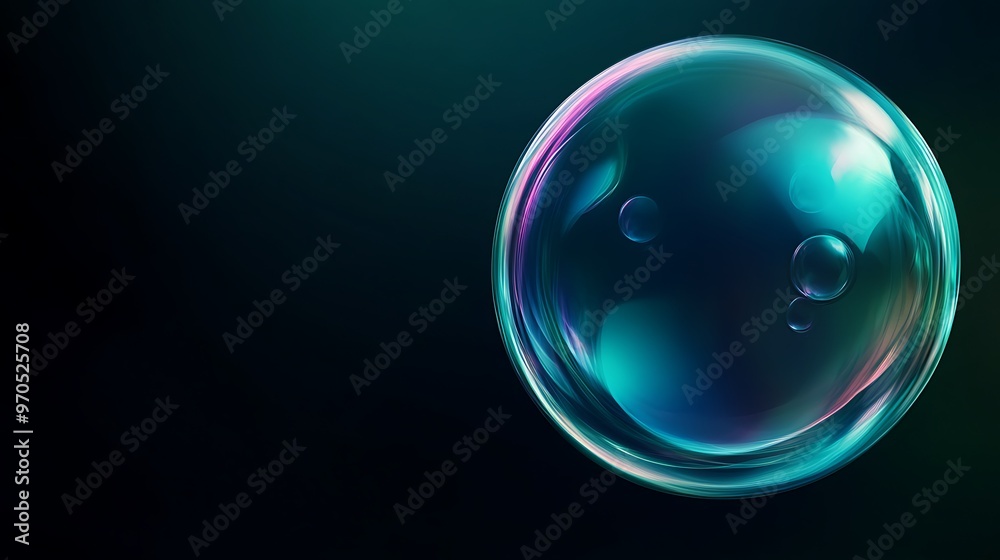 A Single, Large, Iridescent Soap Bubble With Two Smaller Bubbles Inside On A Dark Green Background