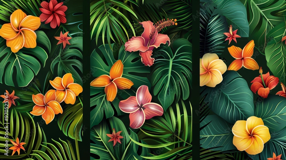 148. Vector set of summer tropical backgrounds, showcasing bright flowers and green leaves. The templates are designed with vivid colors and detailed illustrations, ideal for a tropical theme 148. Vector set of summer tropical backgrounds, showcasing bright flowers and green leaves. The templates are designed with vivid colors and detailed illustrations, ideal for a tropical theme