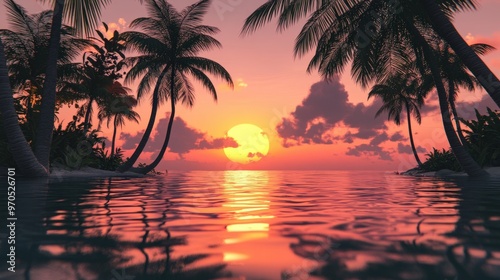 scene of a sunset in a tropical paradise.