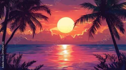 scene of a sunset in a tropical paradise.