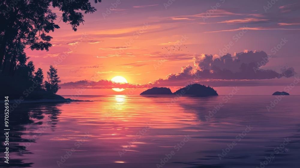scene of a sunset over a calm sea with distant islands scene of a sunset over a calm sea with distant islands