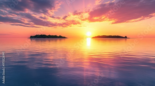 scene of a sunset over a calm sea with distant islands