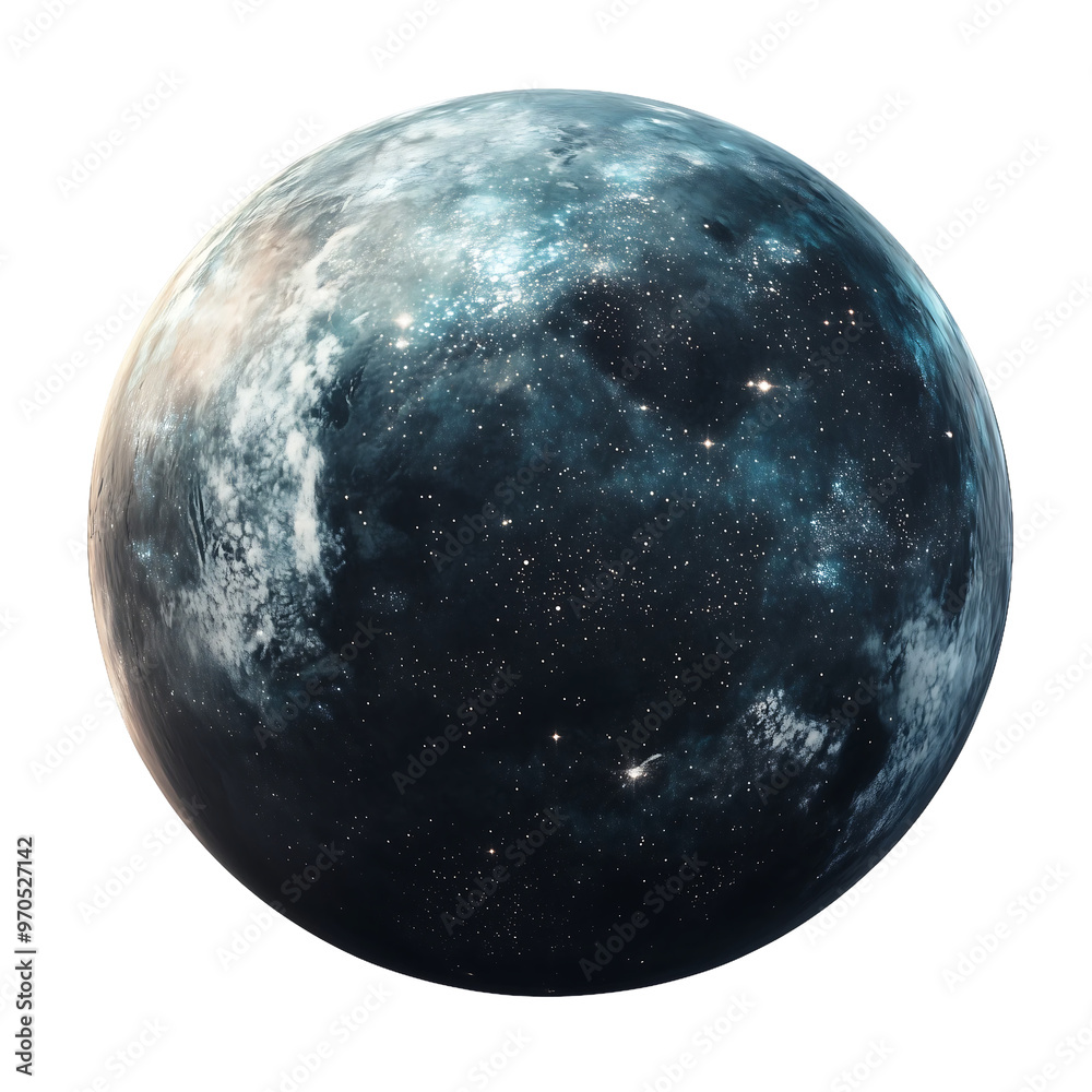 a planet with a smooth, glass-like surface reflecting the stars, isolated on white background.
