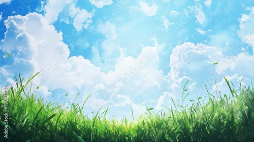 Summer sunny background with blue sky and green meadow. hyper realistic