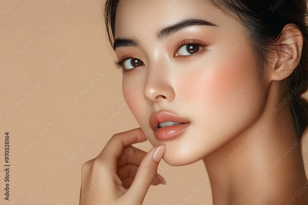 young asian beauty woman with natural makeup touch her face and perfect skin isolated on beige background
young asian beauty woman with natural makeup touch her face and perfect skin isolated on beige background