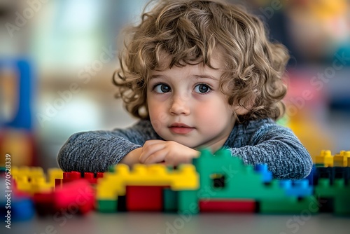 portrait child boy playing plastic blocks