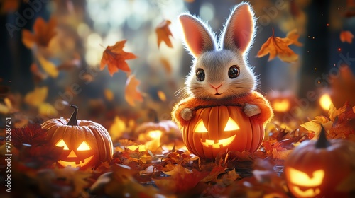 Cute rabbit sitting in a carved pumpkin with glowing jack-o'-lanterns and autumn leaves, capturing a cozy Halloween scene.