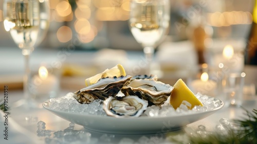 A platter of freshly shucked oysters on a bed of ice with lemon wedges and mignonette sauce. photo