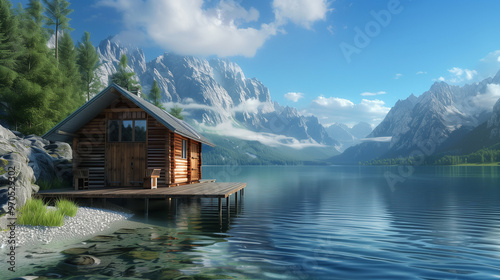 Serene Wooden Cabin by Tranquil Lake with Expansive Sky and Distant Peaks