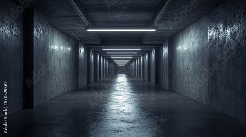 A realistic 3D image of a dark, abstract concrete basement hallway, perfect for creating virtual reality experiences.
