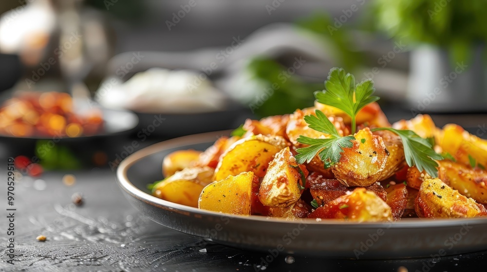 A plate of patatas bravas with crispy potatoes, spicy tomato sauce, and aioli. A plate of patatas bravas with crispy potatoes, spicy tomato sauce, and aioli.