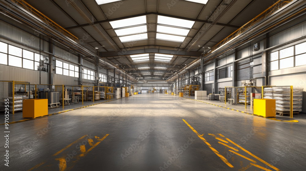 A realistic 3D image showing a modern industrial space, like a factory or warehouse, with a 360-degree view. A realistic 3D image showing a modern industrial space, like a factory or warehouse, with a 360-degree view.