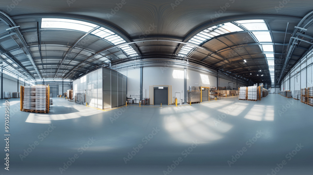 A realistic 3D image showing a modern industrial space, like a factory or warehouse, with a 360-degree view. A realistic 3D image showing a modern industrial space, like a factory or warehouse, with a 360-degree view.