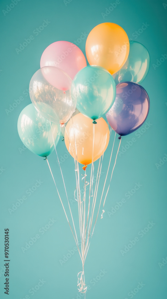 A bunch of balloons in various colors are floating in the air. The balloons are arranged in a way that they look like they are floating in the sky A bunch of balloons in various colors are floating in the air. The balloons are arranged in a way that they look like they are floating in the sky