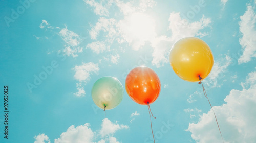 Three balloons of different colors are floating in the sky. The balloons are yellow, orange, and green. The sky is blue with some clouds. Concept of joy and happiness