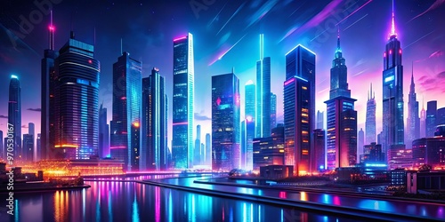 Vibrant neon lights brighten up a futuristic cityscape at night