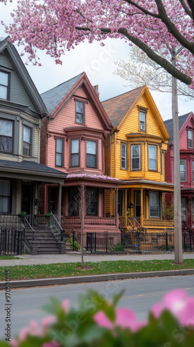 A row of colorful houses with pink flowers in the foreground. The houses are painted in different colors, including yellow and red. The street is lined with trees. The scene has a warm