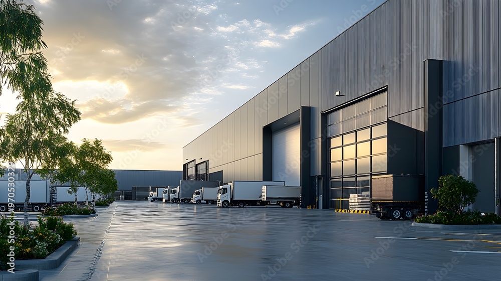 Fototapeta premium Semi-Trucks Parked Outside a Modern Warehouse at Sunset