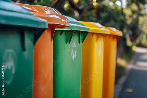 Colorful recycling bins in green, orange, and yellow for urban waste management and conservation photo