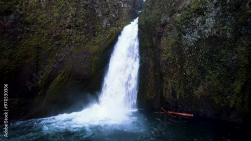 A drone scaling up Wahclella falls. photo