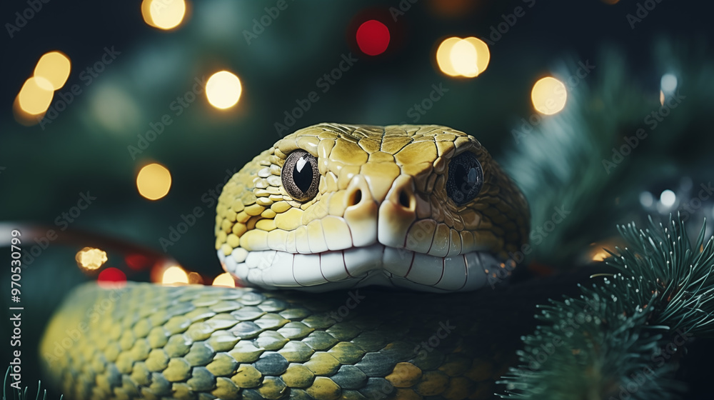 Fototapeta premium Green snake against a bright yellow background, creating a festive holiday mood.
