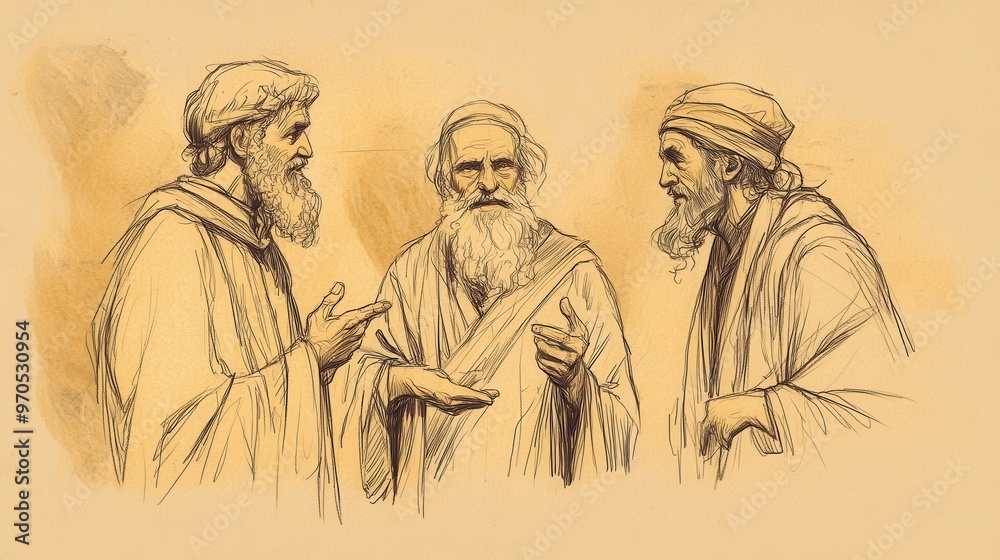 Obraz premium Inspirational Biblical Illustration: Samuel Gives Saul Signs Including Two Men Near Rachel's Tomb to Confirm Anointment, Beige Background, Faith, Signs, Old Testament Story