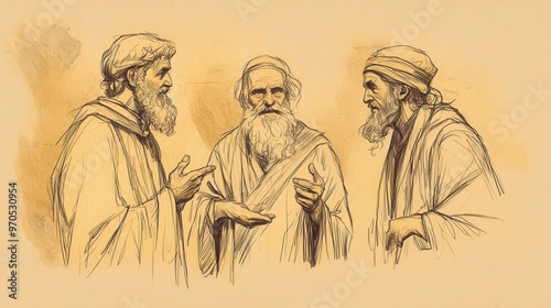 Inspirational Biblical Illustration: Samuel Gives Saul Signs Including Two Men Near Rachel's Tomb to Confirm Anointment, Beige Background, Faith, Signs, Old Testament Story photo