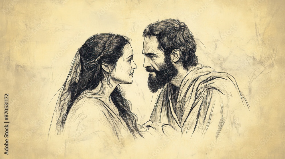 Bible Illustration of Abigail Telling Nabal About David, and His Fearful Reaction, 1 Samuel Art with Beige Background Bible Illustration of Abigail Telling Nabal About David, and His Fearful Reaction, 1 Samuel Art with Beige Background