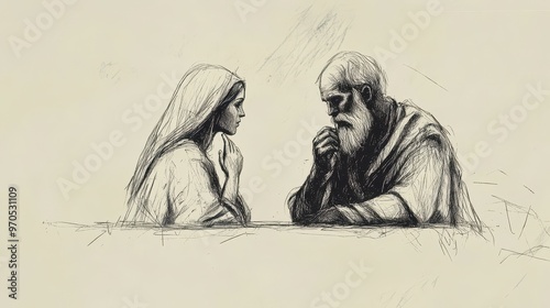 Inspirational Biblical Illustration: Eli Mistakes Hannah's Prayer for Drunkenness, Observing Her in the Temple, Beige Background, Faith, Misunderstanding, Old Testament Story