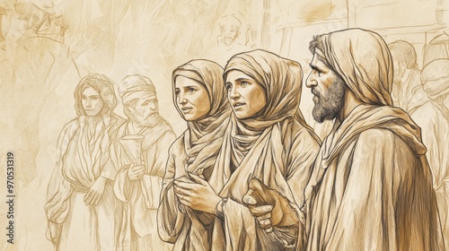 Biblical Illustration: Naomi and Ruth reaching Bethlehem, greeted by the townspeople, illustrated on a beige background photo